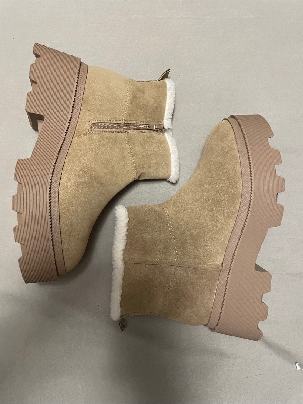 SM New York Tan Suede Platform Shearling Ankle Boots